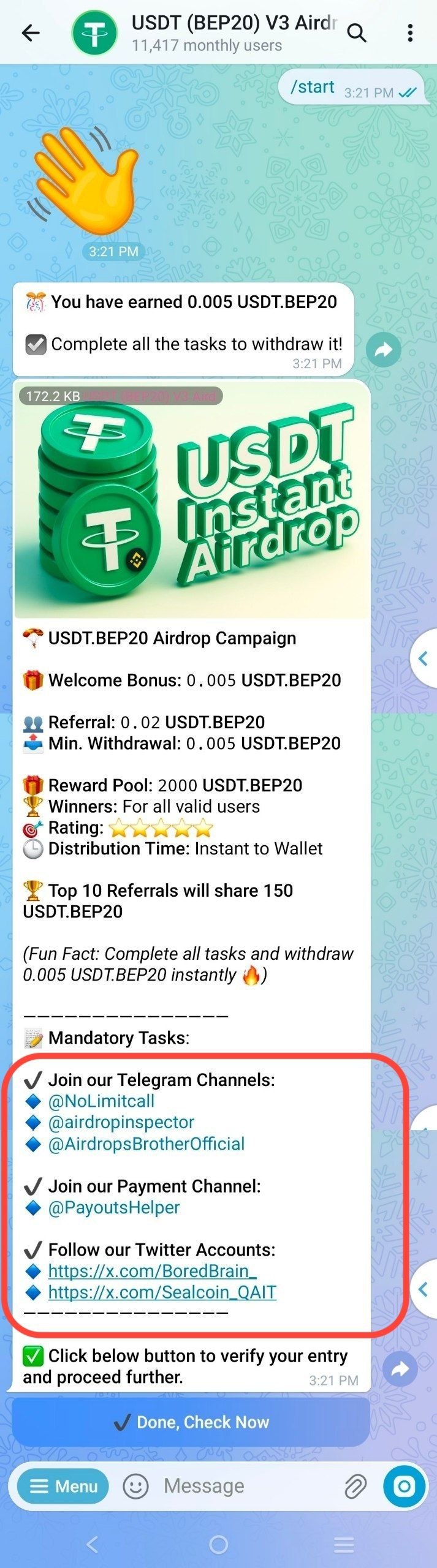 Task added inside @USDTBEP20InstantV3AirdropBot